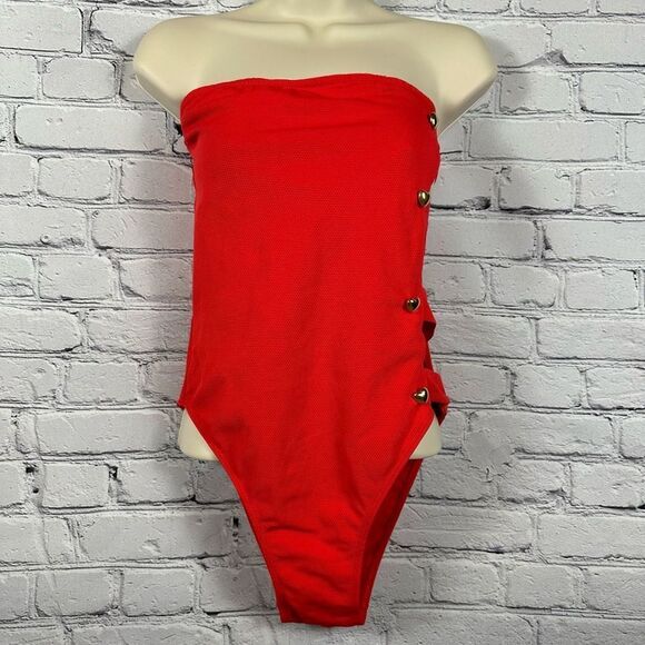 Alexandra Miro Bella Swimsuit Cut-Out Side Gold Heart Buttons Textured Red M NWT - Picture 3 of 10
